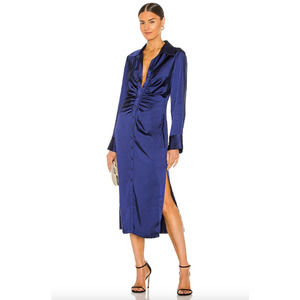 L'Academie Navy Button Up Midi Shirt Dress With Shirring